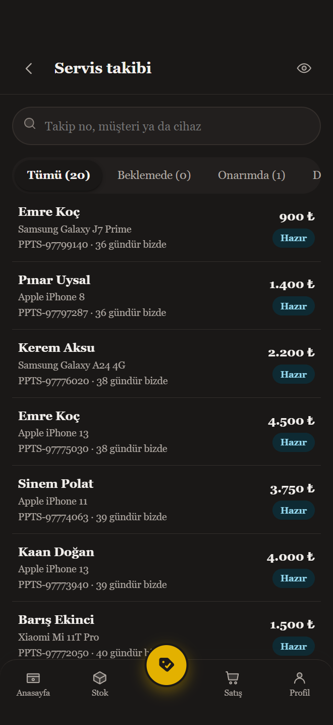 Teknik servis listesi ve durum etiketleri