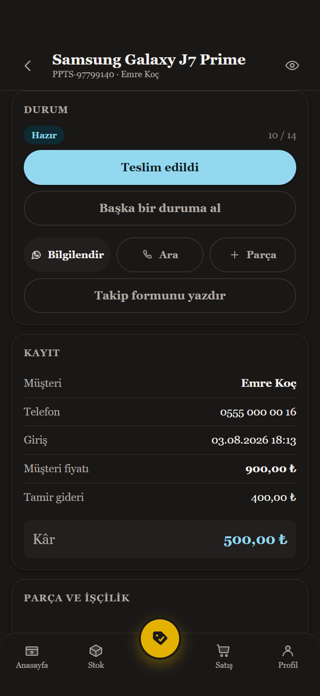 Servis kaydı detayı: durum, parça ve kâr